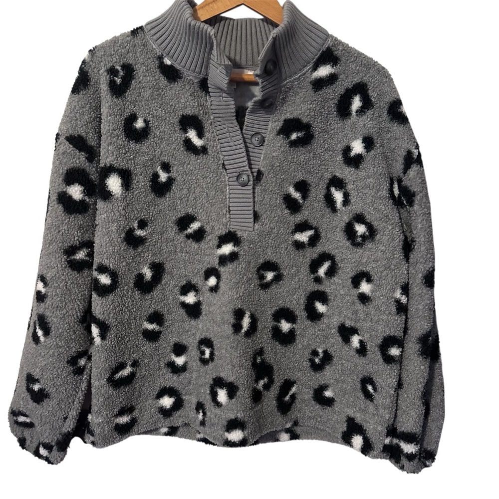 LOFT Grey Leopard Print Sherpa Fleece Pullover Quarter Button Sweatshirt Size L